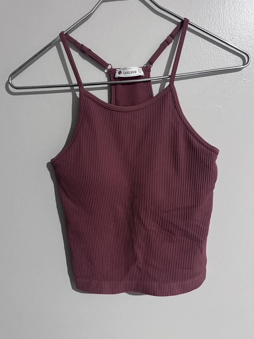 LASLULU Tank Womens S Purple Cropped High Neck Strappy Padded Ribbed Summer